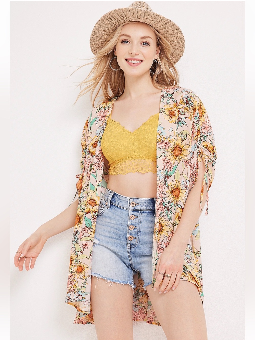 NEW Maurice's Floral Cinched Sleeve Kimono Women's 0X Yellow